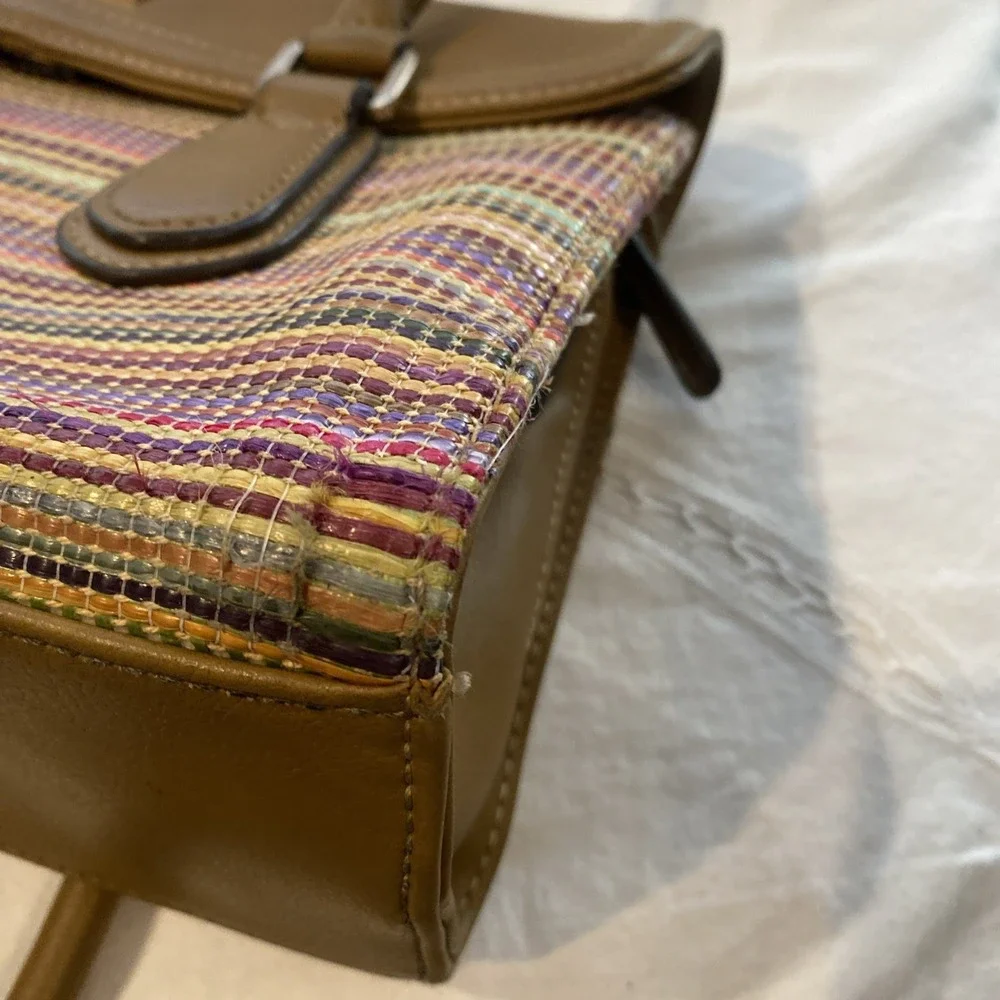 Vintage Liz Claiborne Multicolor Woven Faux Leather Satchel Purse, Tan Handbag